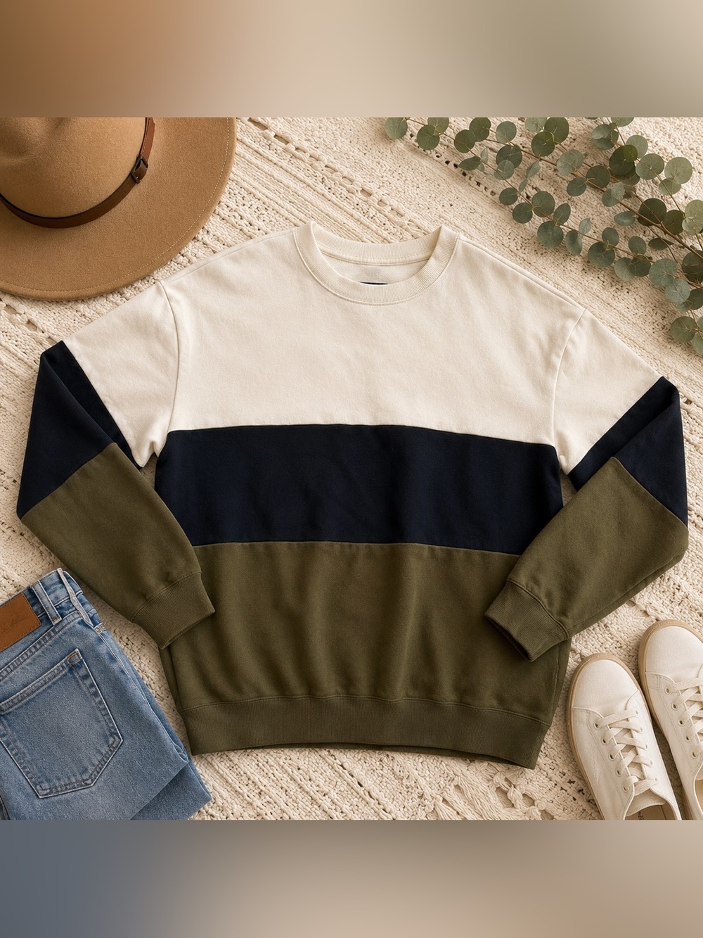 Original Use Color Block Crewneck Sweatshirt Olive Green Black White Size Large